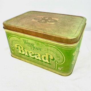 Vintage 1977 Tin Wheat Heart Metal Bread Box 14”x 10”x 7.  5” Green Hinged Lid