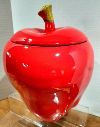 Usa Pottery J 111 Large Ceramic Very Shiny Red Apple Cookie Jar W/lid & Stem Vtg