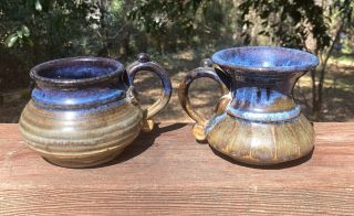 Stoneware Pottery Coffee Tea Mug Cup Set Of 2 Blue Brown Glaze Rare Handmade