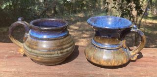 Stoneware Pottery Coffee Tea Mug Cup Set of 2 Blue Brown Glaze Rare Handmade 2