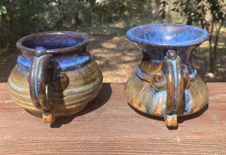 Stoneware Pottery Coffee Tea Mug Cup Set of 2 Blue Brown Glaze Rare Handmade 3