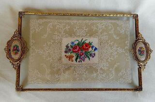 Vintage Petit Point - Lace And Embroidery Tray With Ormolu Filigree Frame