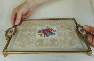VINTAGE PETIT POINT - LACE AND EMBROIDERY TRAY WITH ORMOLU FILIGREE FRAME 2