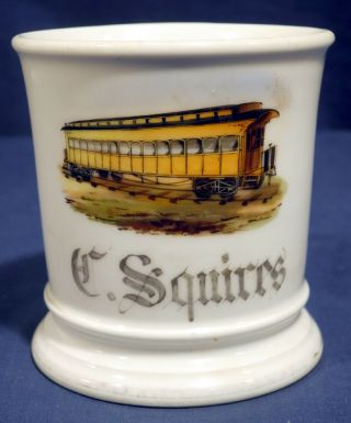 Antique Occupational Porcelain Shaving Mug With Trolley Railroad Car C.  Squires