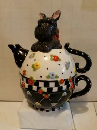 Mary Engelbreit Tea For One Teapot & Cup Scottie Dog 3 Piece Oh Henery Michel&co