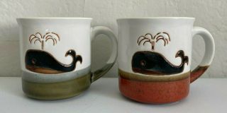 Retro Stoneware Glazed Blue Whale Green Burnt Orange Coffee Mug Tea Cup Set Of 2