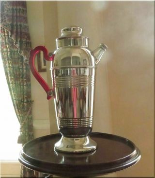 Vintage Art Deco Chrome Martini Cocktail Shaker With Red Bakelite Handle