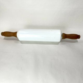 Vintage Ceramic Rolling Pin Wooden Handles White 18” Heavy Country Kitchen Read