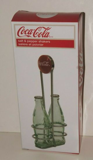 Coca Cola Coke Soda Mini Glass Bottle Salt & Pepper Shaker Set In Metal Caddy