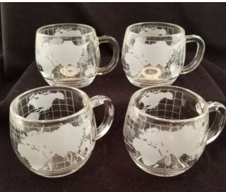 Set Of 4 Nestle World Globe Frosted Etched Glass Coffee Cups Mugs 1970’s