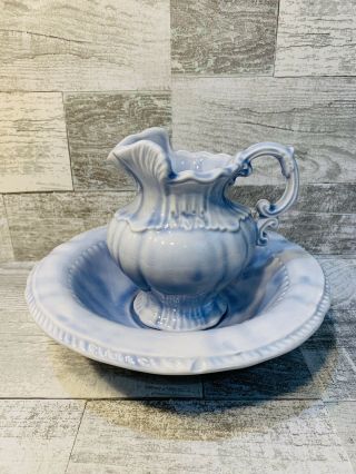 Vintage Arnels Pottery Blue Water Pitcher & Wash Bowl Basin Vanity Dresser Set
