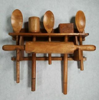 Vintage Wooden Wall Hanging Caddy Rolling Pin Utensils Spoons Complete Rare