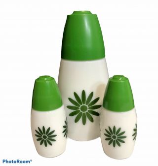 Vintage Milk Glass Gemco Sugar Salt Pepper Shakers Green Floral Set Of 3