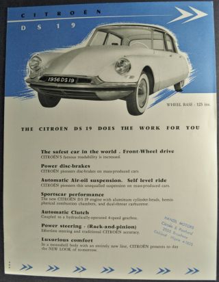 1956 Citroen Ds19 Sedan Sales Brochure Sheet 56