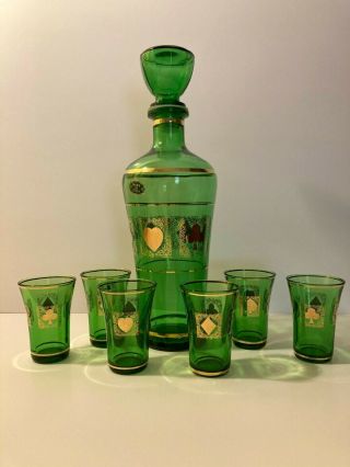 Mcm Decanter And Six Shot Glasses Green W/ Playing Card Suits In Gold Italy