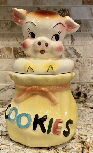 1950s American Bisque Pottery “pig In A Poke” Cookie Jar Usa