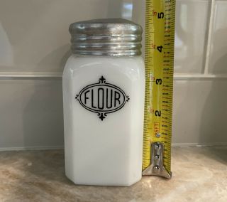 Vintage Anchor Hocking Milk Glass Large Flour Shaker Duster Black Shield 5”h