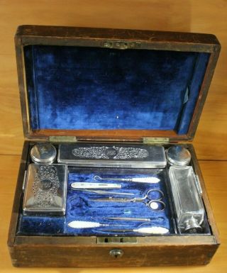 C 1840 Mechi Dressing Table Set In Wooden Box Silver Plated Bottles,  Mirror Lid