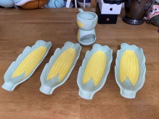 6 Piece Vintage Ceramic Corn On The Cob Dishes And Melter Butter Server