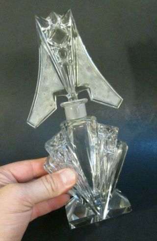 Czech Signed Art Deco Frosted Crystal Cut Glass Big 8.  5 " Perfume Bottle