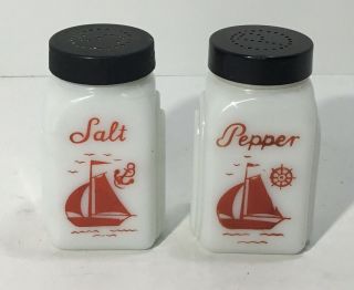 Vintage Mckee Roman Arch White Milk Glass Salt & Pepper Shakers Sailboat Red