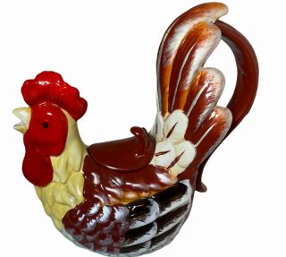 Ceramic Rooster Teapot Colorful Tail Handle Farmhouse Chic Collectible