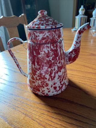 Vintage Granite Ware Enamel Tea Kettle Coffee Pot Red White Swirl Gooseneck