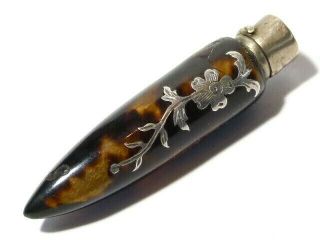 19thc Miniature Inlaid Scent Perfume Bottle Silver Floral Pique Inlay 6cm T162g
