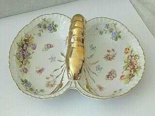Antique Gold Gilt Lobster Handle Serving Dish 12 " Wide Multi Floral Lovely