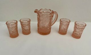 Vintage Mini Pink Etched Bird Print Pitcher And Glass Set