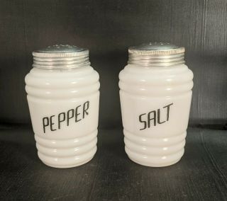 Vintage Beehive White Milk Glass Salt & Pepper Shakers Black Lettering 40 