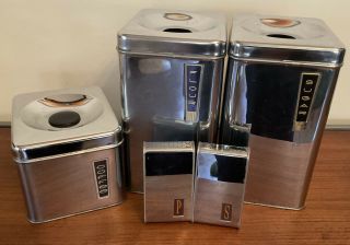1950’s Vintage Retro Lincoln Beautyware Silver Metal Kitchen Canisters Bins Set