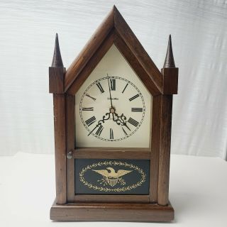 Vintage Ethan Allen Steeple Clock In Dark Antiqued Pine Old Mantel Clock
