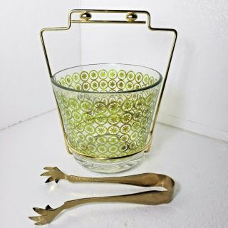 Vintage Mcm Green Glass Ice Bucket With Gold Metal Stand And Tongs Circles