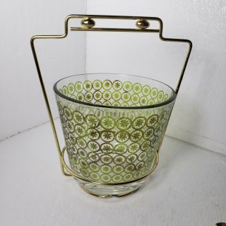 Vintage MCM Green Glass Ice Bucket with Gold Metal Stand and Tongs Circles 3