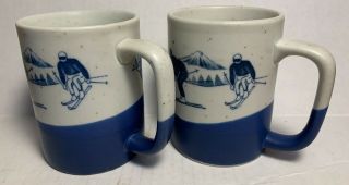 Vtg Otagiri Japan Ski Skier Winter Stoneware Pottery Coffee Mug Pair