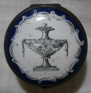 Fine Georgian Bilston Enamel Patch Box With Mourning Urn To Lid With Blue Base