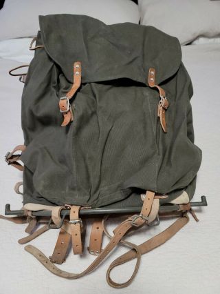 Vintage Wwii Swedish Military Canvas Leather Rucksack Backpack 3 Crown