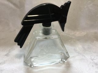 Vintage Czech Hoffman Etched Perfume Bottle Black Bird Stopper Parrot Aztec