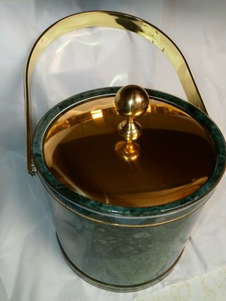 Vintage Kraftware Ice Bucket W/faux Green Marble Pattern & Brass Lid 10 " Tall
