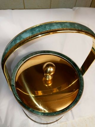 Vintage Kraftware Ice Bucket W/Faux Green Marble Pattern & Brass Lid 10 