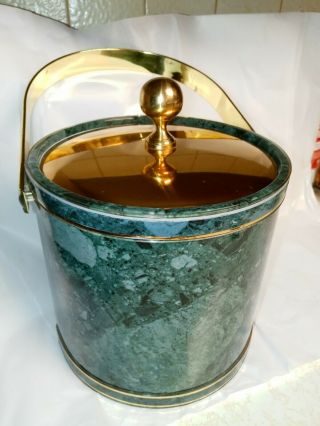 Vintage Kraftware Ice Bucket W/Faux Green Marble Pattern & Brass Lid 10 