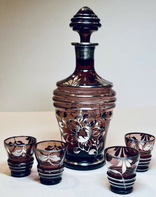 Vintage 6 Piece Amethyst Glass W Silver Overlay Decanter W Stopper & 4 Glasses