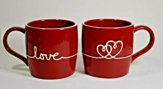 Starbucks 2010 Valentines Two Red Hearts Love Coffee Mug Bone China Set Of 2
