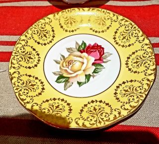 STUNNING QUEEN ANNE FLOATING ROSE CUP And Saucer Yellow Gold Gilt 3