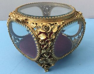 Vintage Matson Roses Gold Ormolu Beveled Glass Jewelry Casket Signed