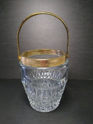 Vintage Cut Glass Ice Bucket With Brass Handle Bar Ware Heavy Not Marked 5 " H