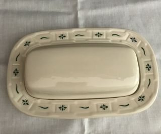Longaberger Pottery Woven Traditions Green/ivory Covered Butter Dish Made In Usa
