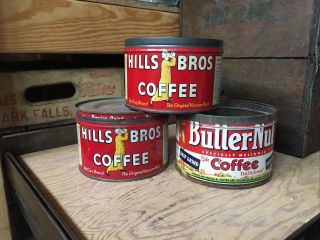 Vintage Hills Brothers Bros Butternut Butter Nut Tin Coffee Can Kitchen Decor