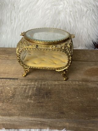Vintage Gold Gilt Ormula Beveled Glass Jewelry Casket Box Footed Square